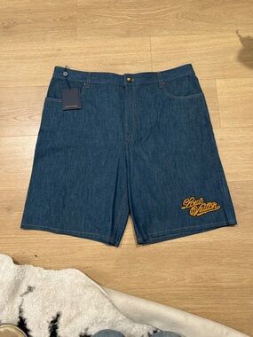 Louis Vuitton Men's Western Chambray Cotton Denim Logo Shorts - Blue